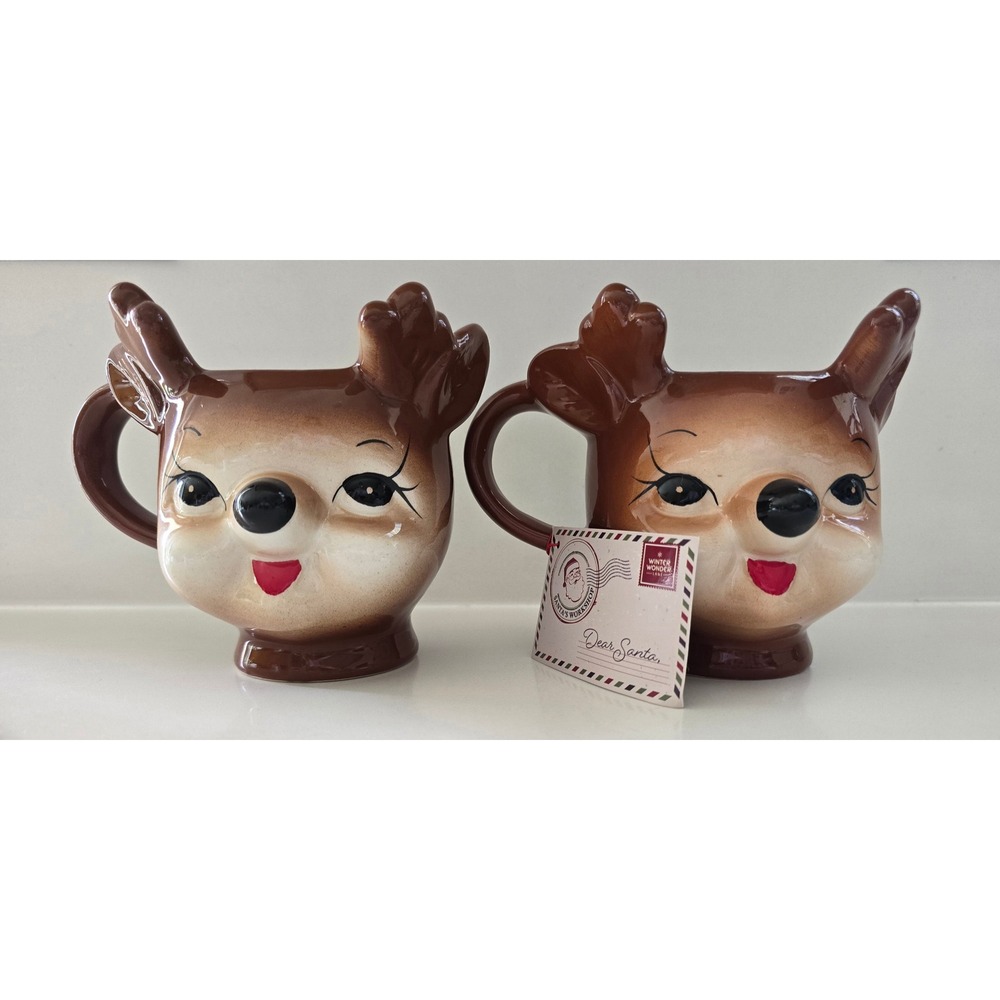 Winter Wonder Lane Reindeer Mugs Set of 2 Brown Ceramic Christmas Holiday 15 oz